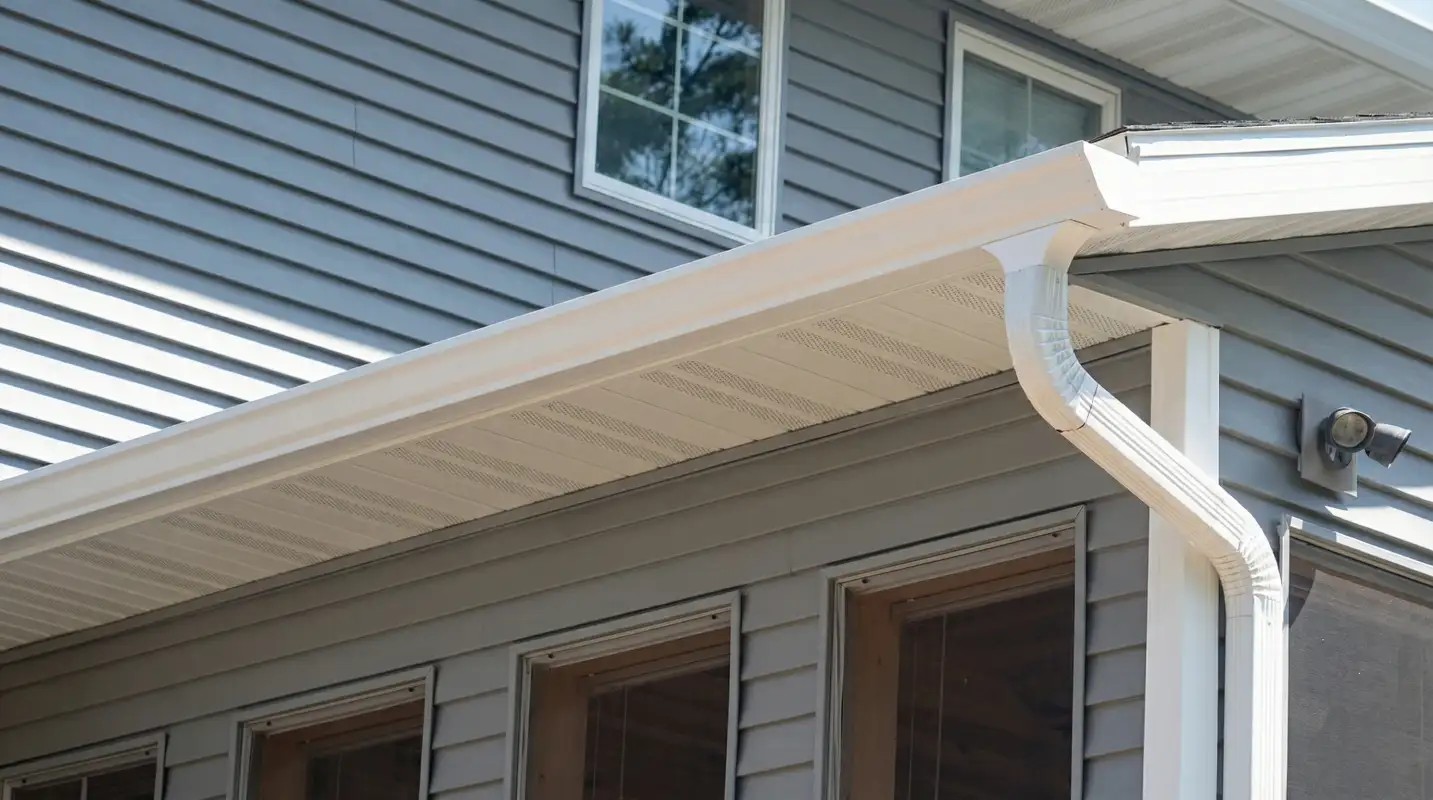 Professional home remodeling project showing newly installed white seamless gutters and downspouts on a house with gray siding in Duluth, MN