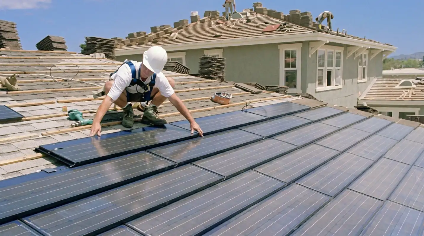 Roof replacement expert installing modern solar shingles on a residential home in Duluth, MN