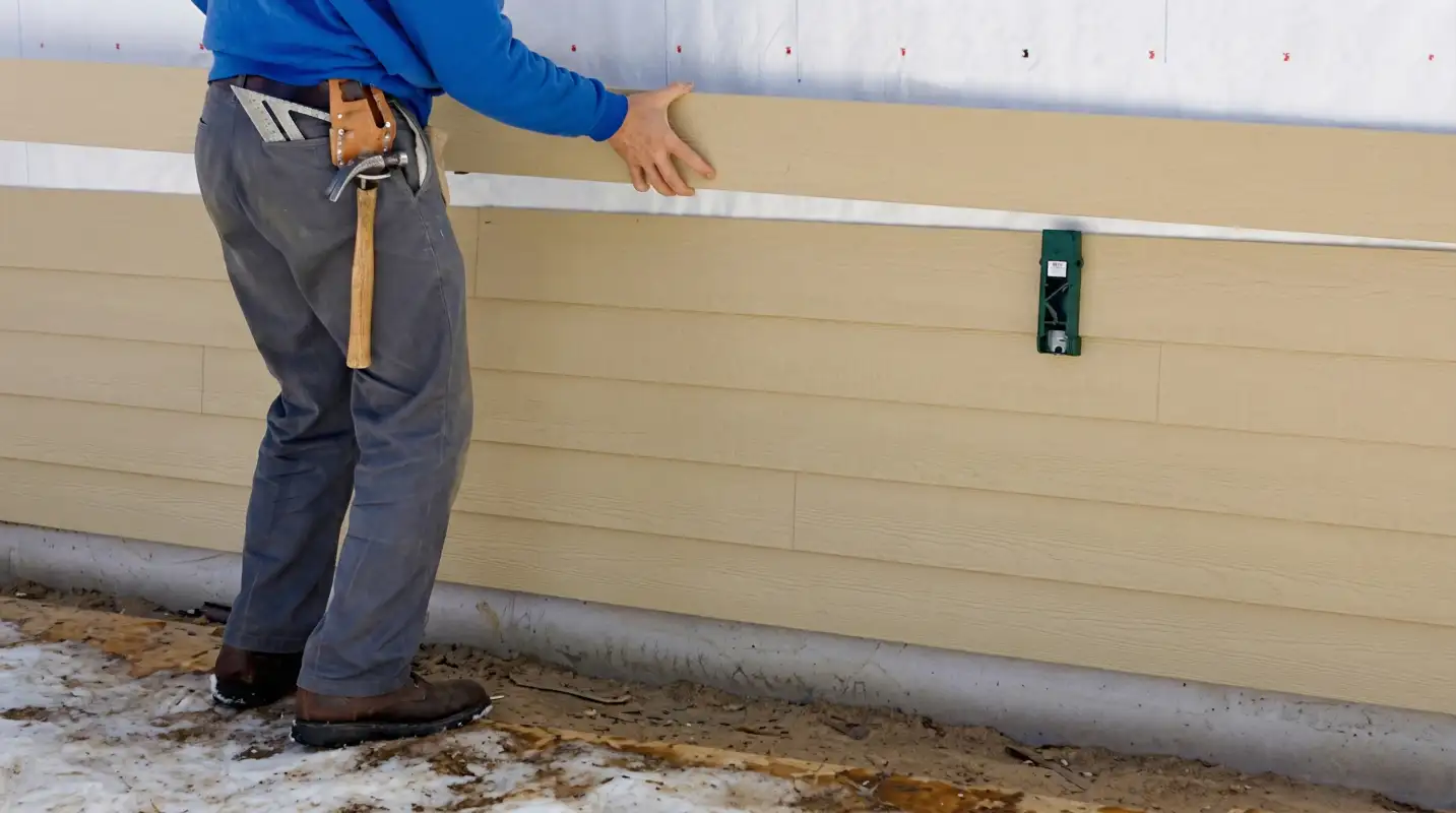 Siding replacement expert carefully aligning a new tan siding panel onto a residential exterior wall in Duluth, MN