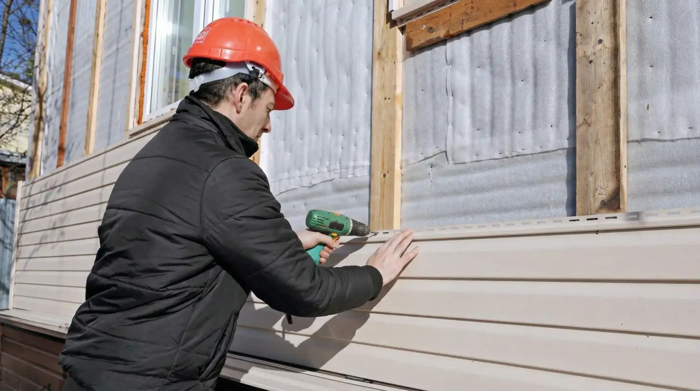 Siding replacement professional using a power drill to install new tan vinyl siding on a home exterior in Duluth, MN