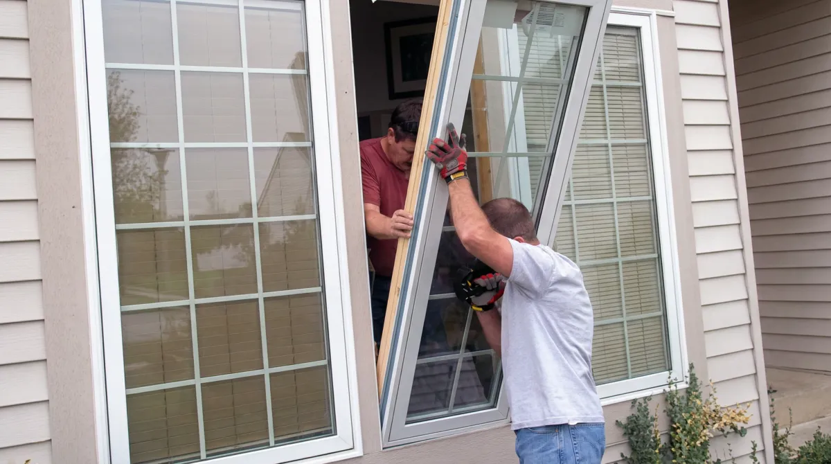 Professional home remodeling team installing a large replacement window on a house with tan siding in Duluth, MN