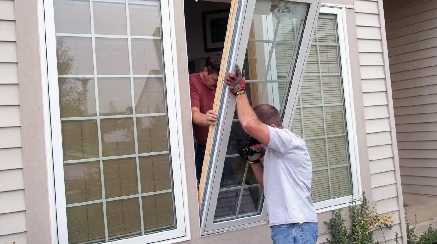 Professional home remodeling team installing a large replacement window on a house with tan siding in Duluth, MN